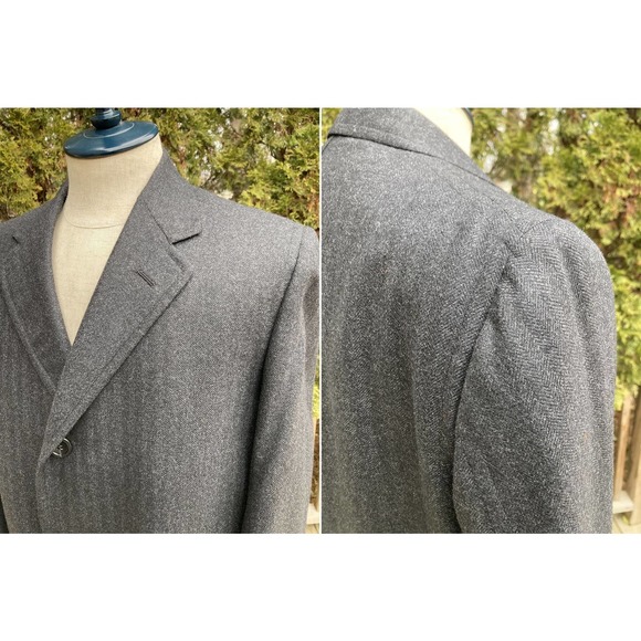 Fits 42 Mint Herringbone Shadow Striped Fine Italian Wool Overcoat Top Coat - Picture 3 of 6